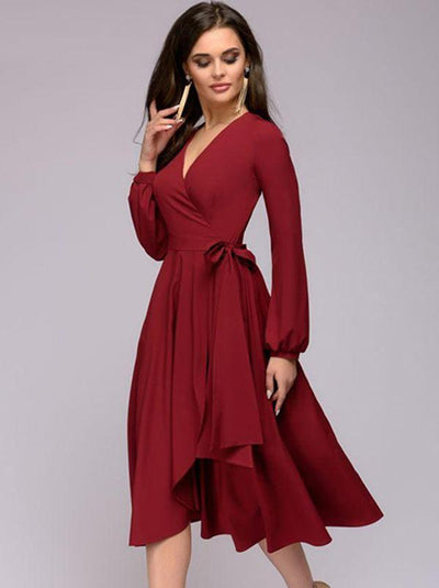 Sexy Elegant Long Sleeve Deep-V Neck Pure Color Big Hem Dress