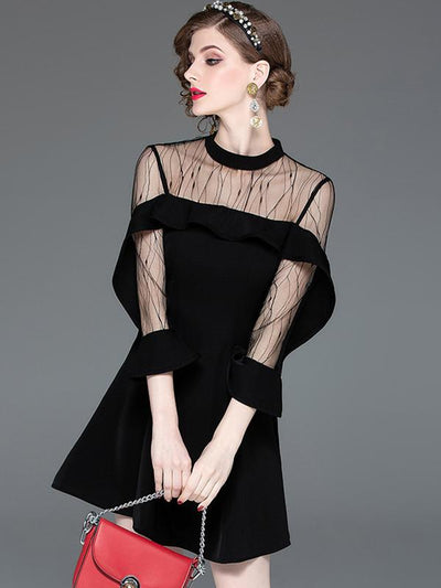 Sexy Lace Long Sleeve Patchwork Slim O-Neck Black Dress