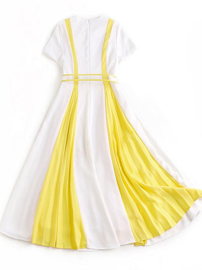 Brief Pure Color Short Sleeve Sashes O-Neck Pleated Skater Dress