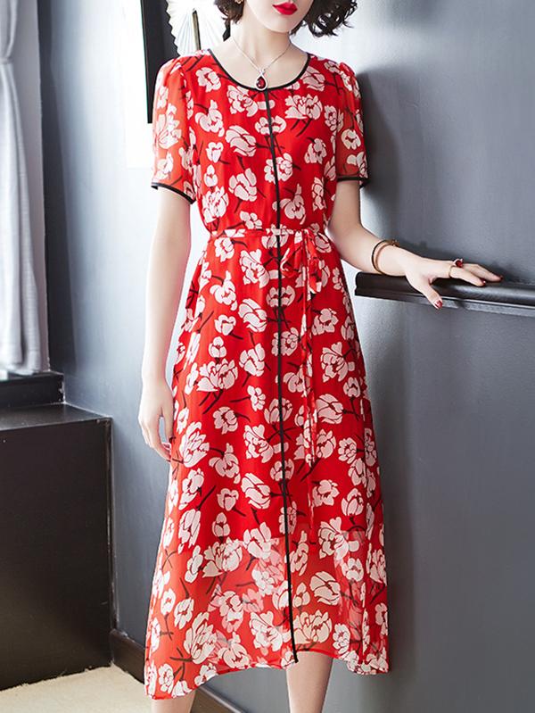 Floral Pattern Slim Short Sleeve Elastic Waist Skater Dress - dressesstar