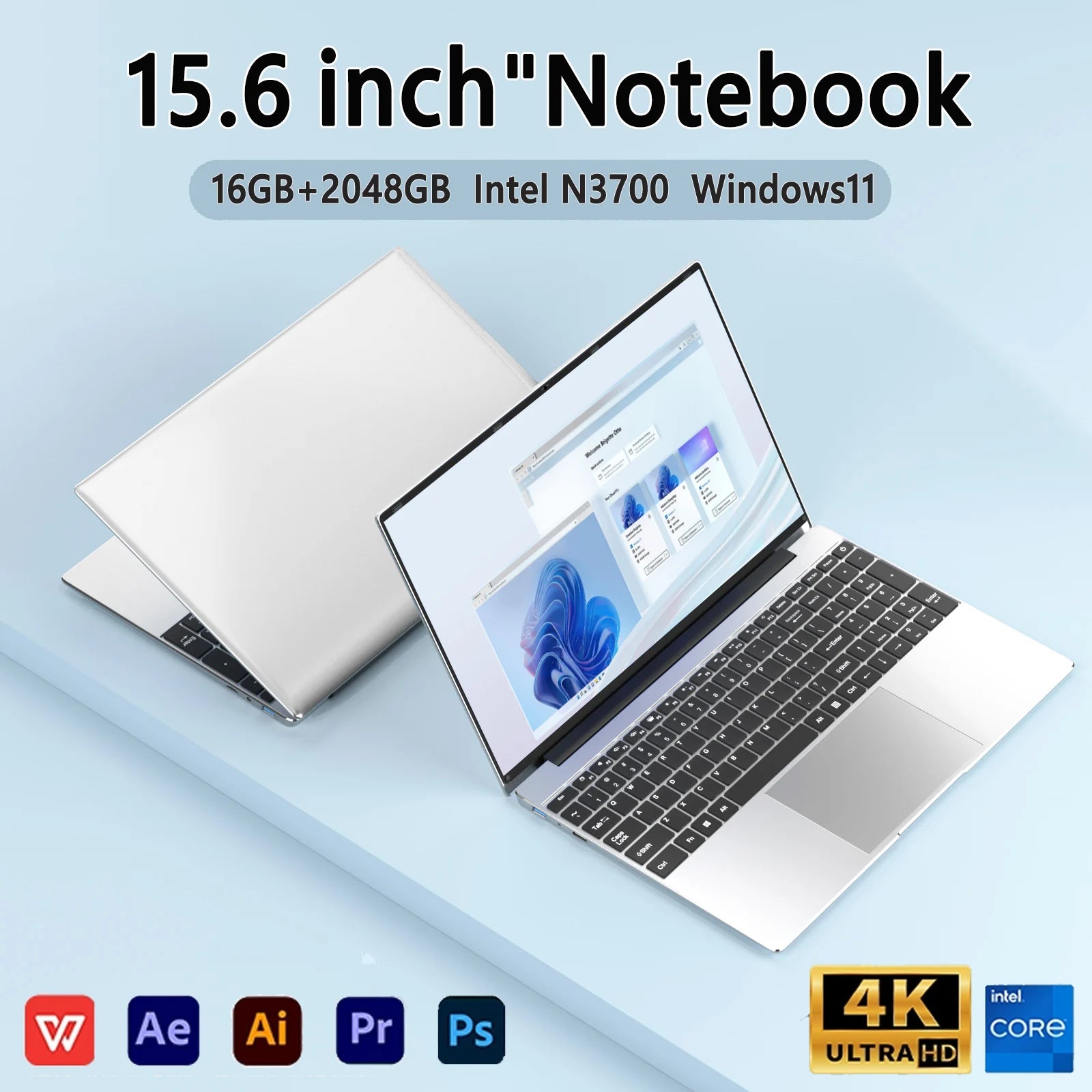 15.6" Ultra Slim Laptop 16GB RAM 2TB SSD Intel N3700 Notebook Gamer  1920*1080  Display Office Study Computer PC Windows 11 Pro