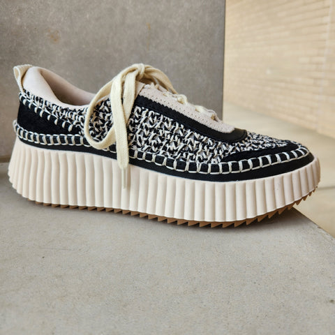 Black & cream woven textured fabric sneakers on a 2" platform sole