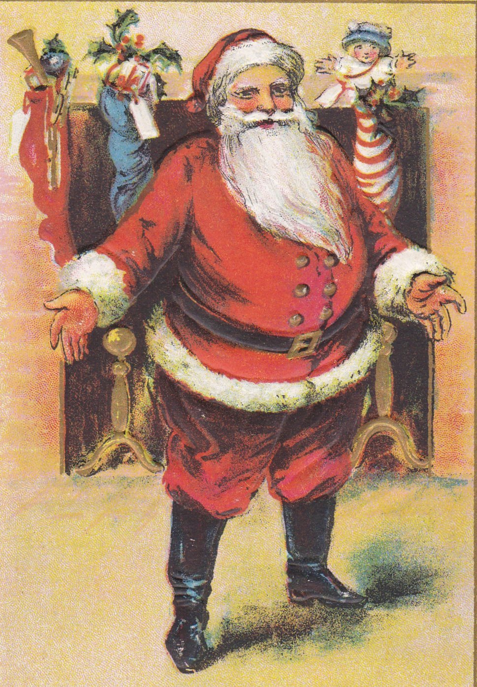 Edwardian Santa- 1900s Antique Postcard- Merry Christmas- Fireplace St ...