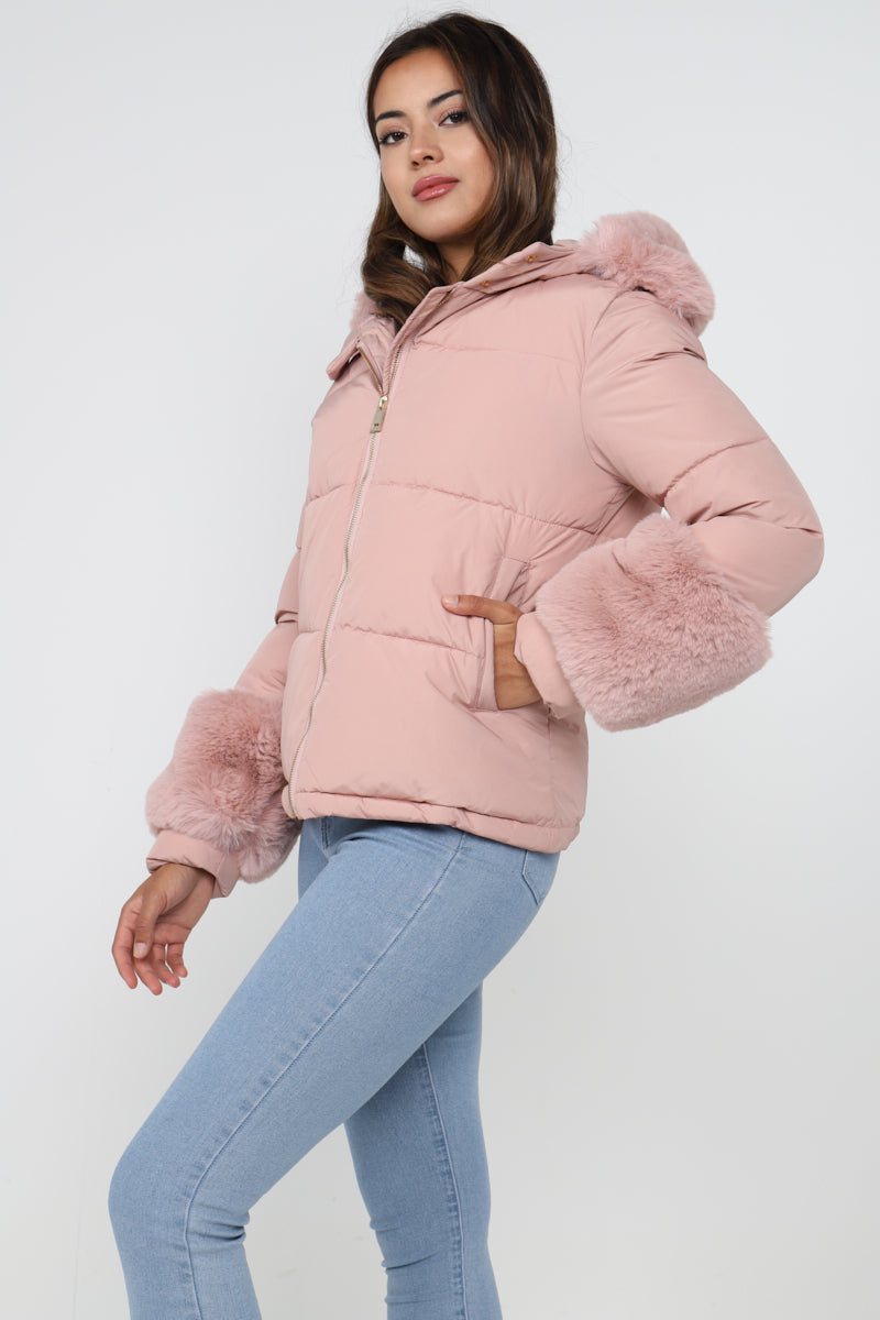 pink fur puffer jacket
