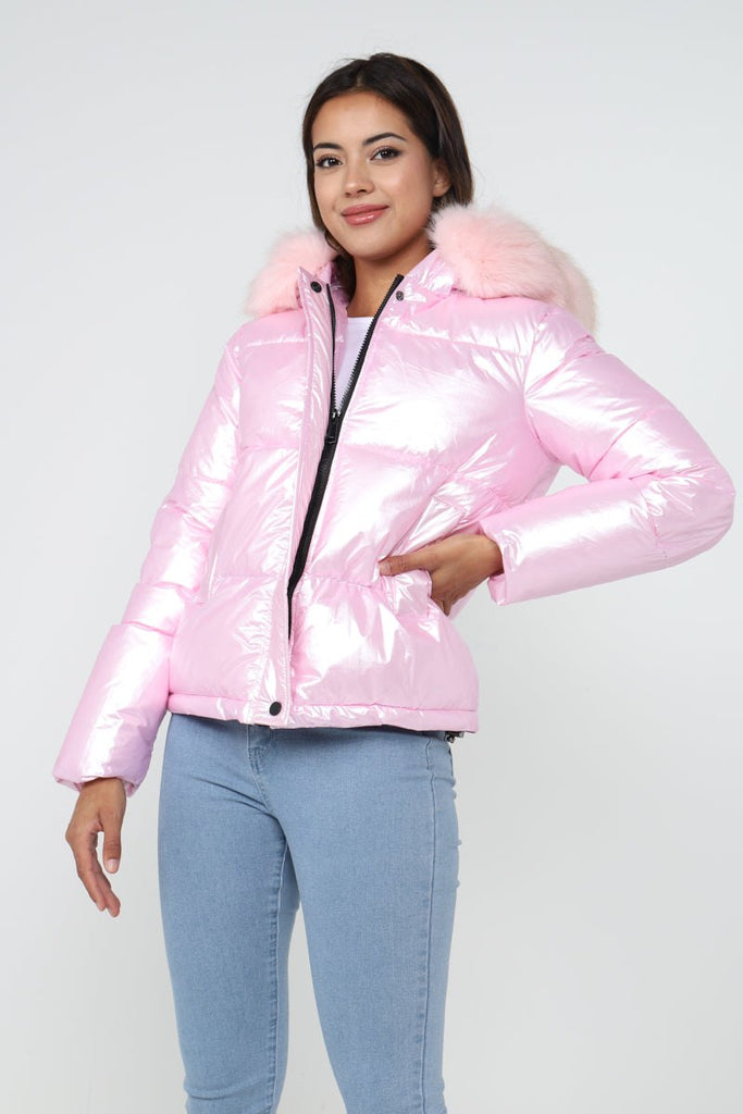 Metalic Pink Puffer Jakcet with Faux Fur on Hood – LOVE SUNSHINE