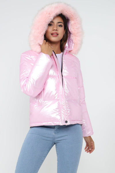 Metalic Pink Puffer Jakcet with Faux Fur on Hood – LOVE SUNSHINE