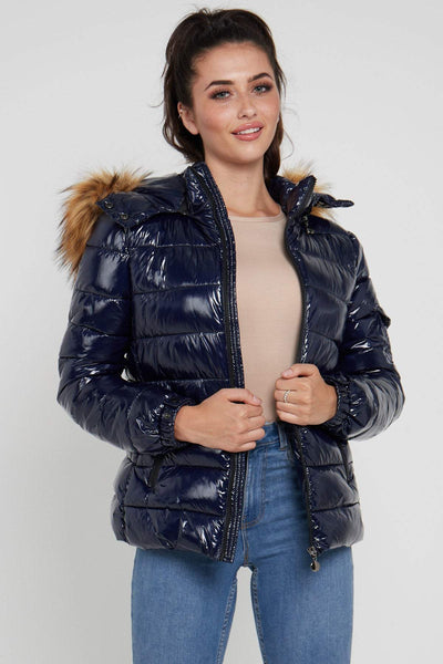 Shiny Navy Puffer Coat with Detachable Faux Fur Hood – LOVE SUNSHINE