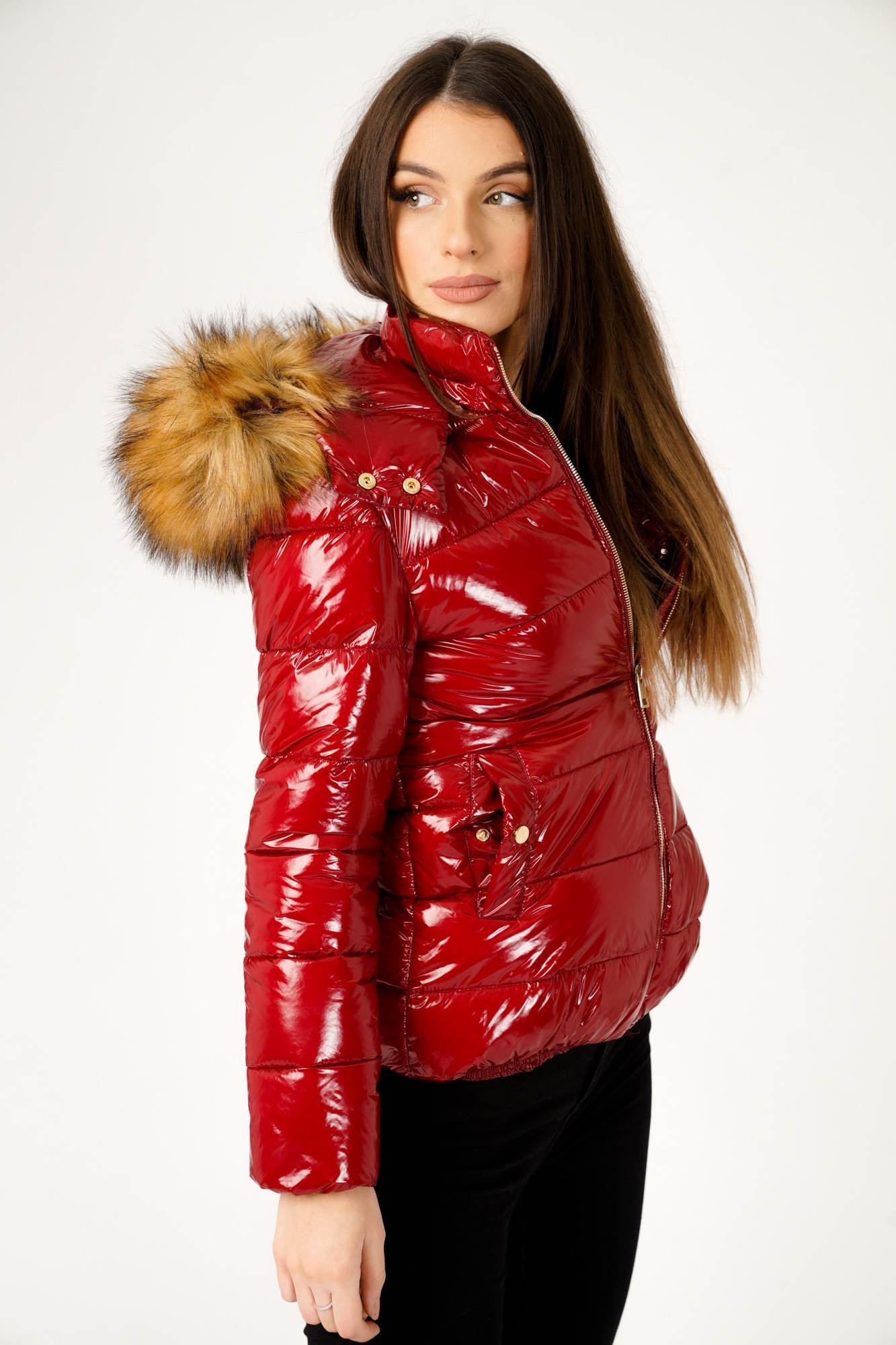 red puffer coat with fur hood
