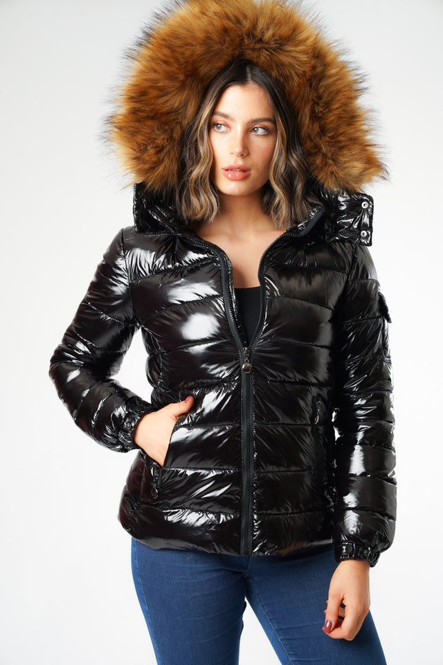 black bubble jacket with fur hood