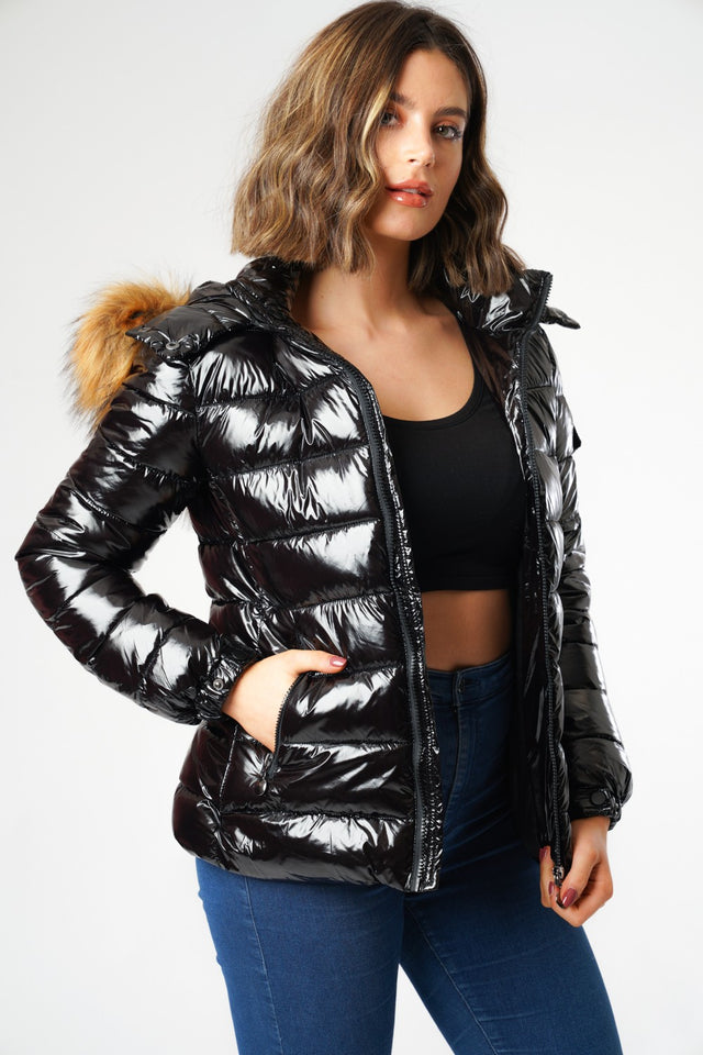 shiny bubble coat with fur hood