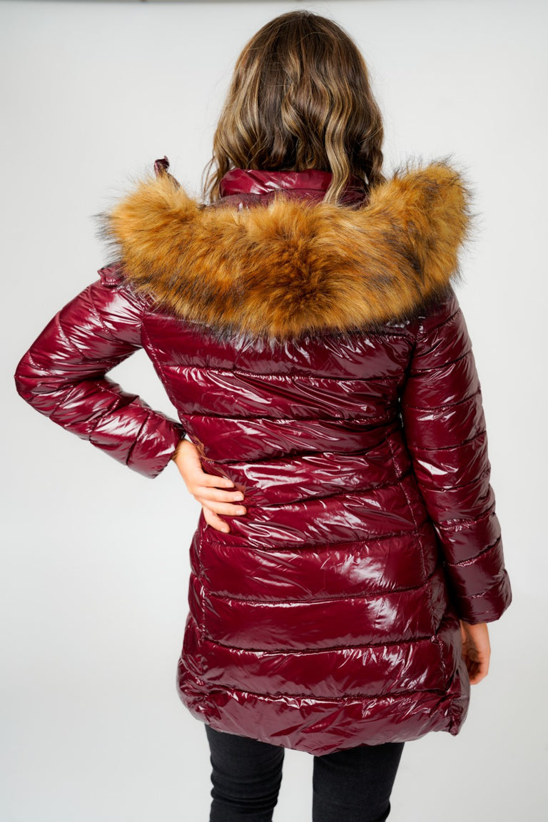 burgundy coat with fur hood