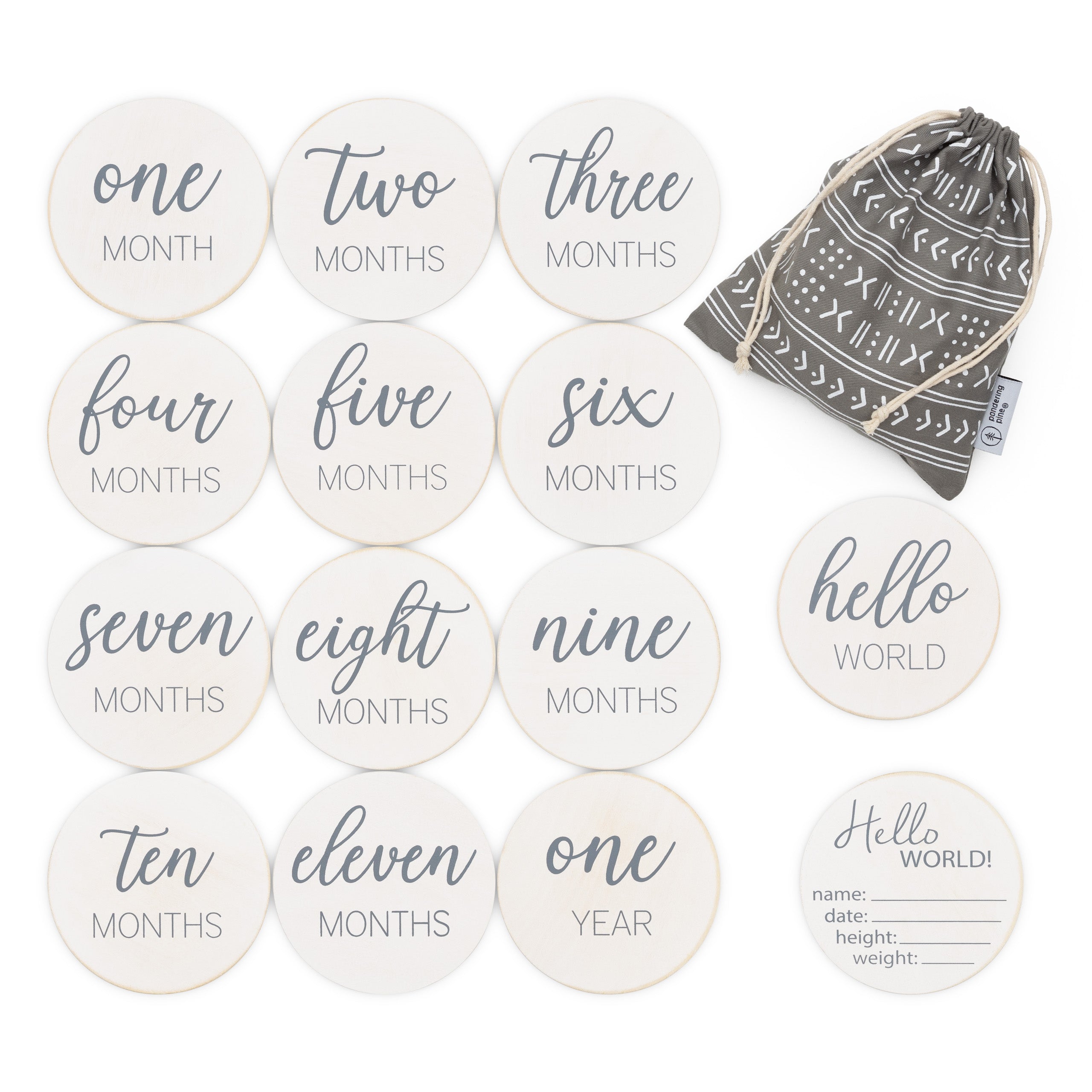 Natural Baby Milestone Discs - White Stain Wood Milestone Disc Set with Bag - Pondering Pine product image