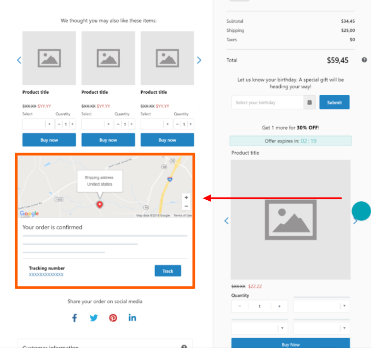 a thank you page template that shows a View order status and tracking number in one of its section