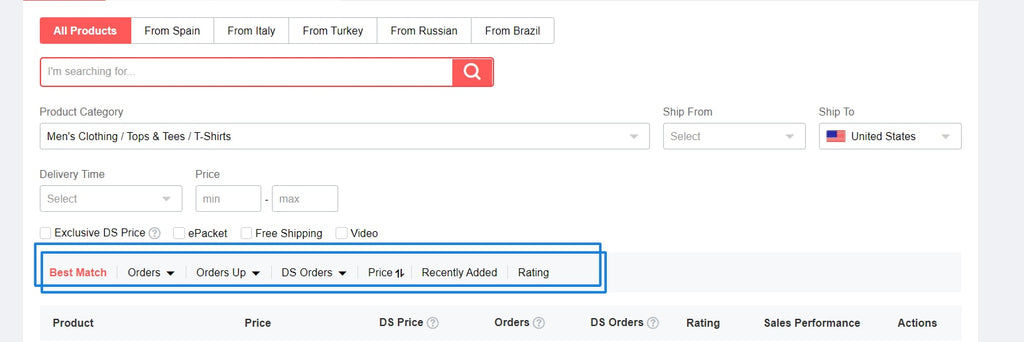 Search products in Aliexpress Dropshipping Center