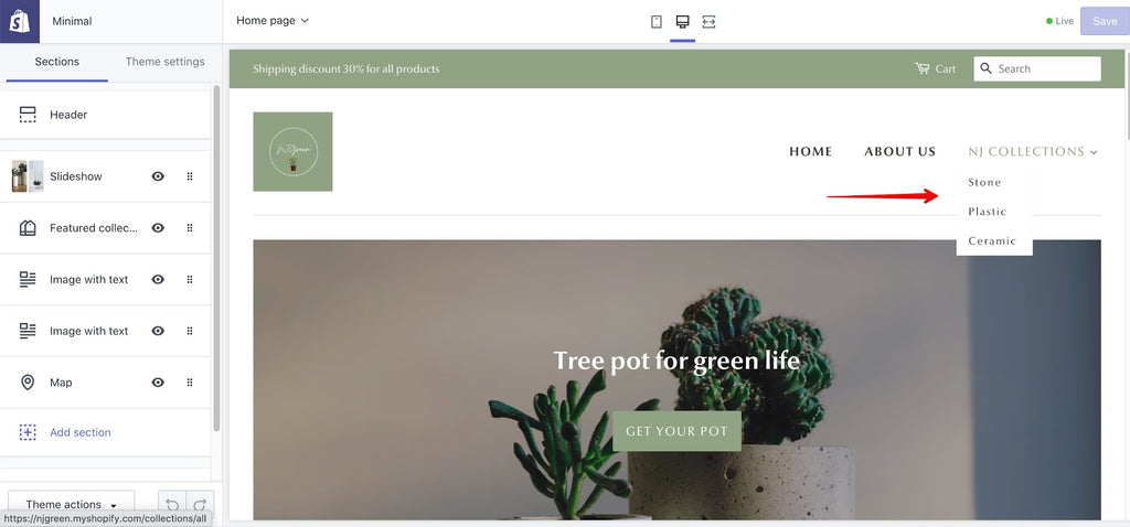 Dropdown menu feature Minimal theme Shopify