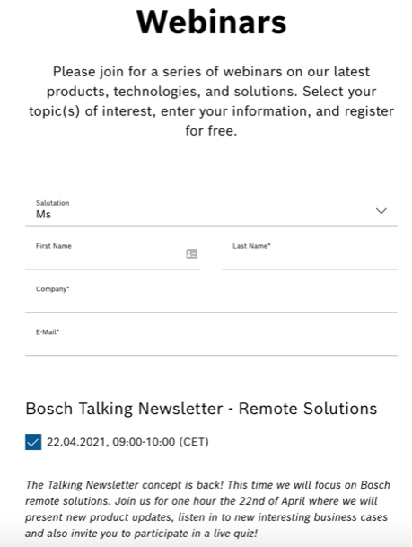 Bosch Webinar Landing Page