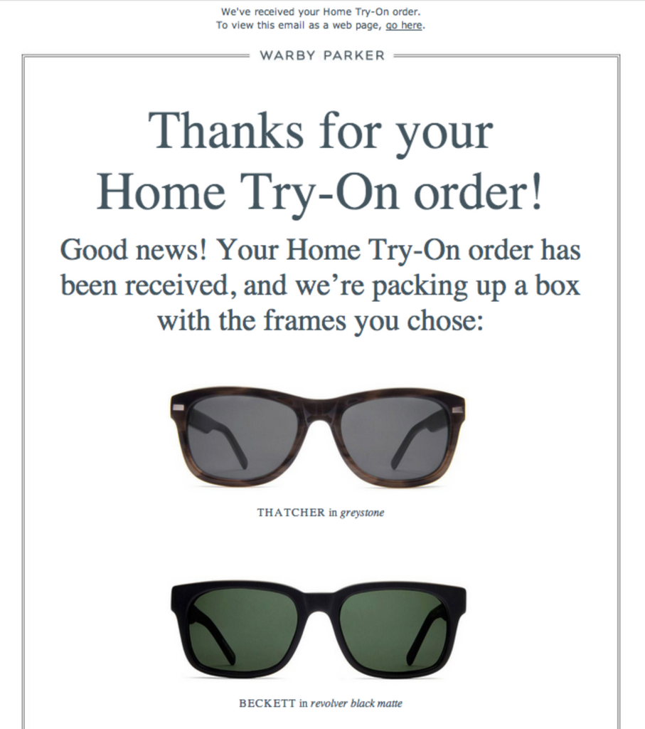 Warby Parker’s thank you email acknowledging customer’s order.