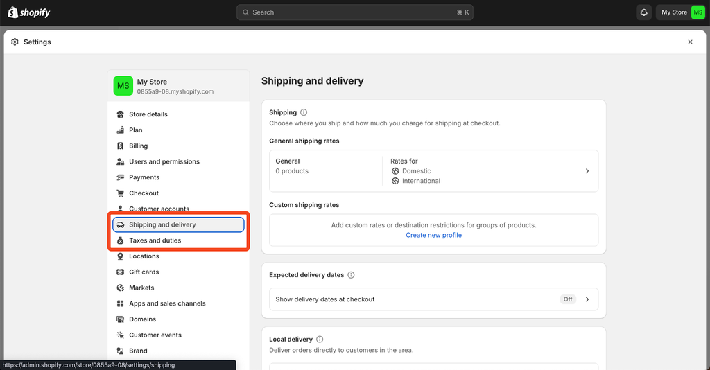 Set up the Shopify shipping rates and taxes