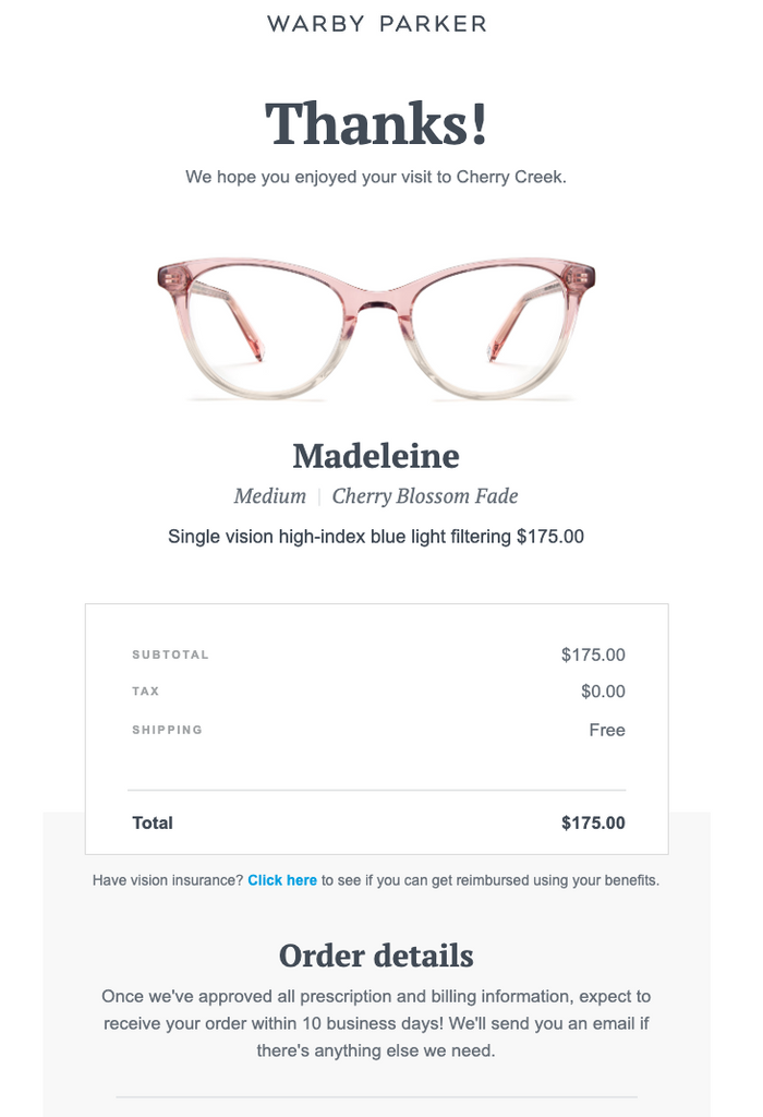 Warby Packer customized confirmation emails