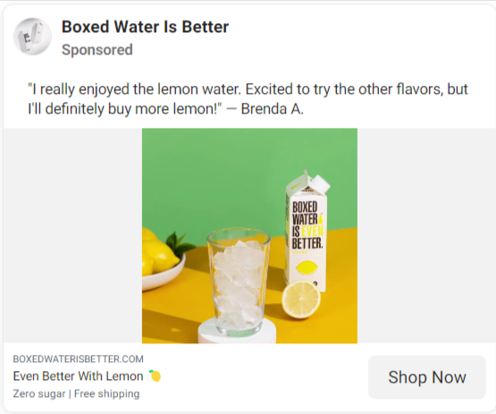 箱入り飲料水のFacebook広告と顧客の声