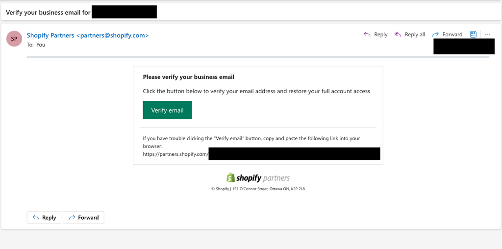 verification email from Shopify Partners
