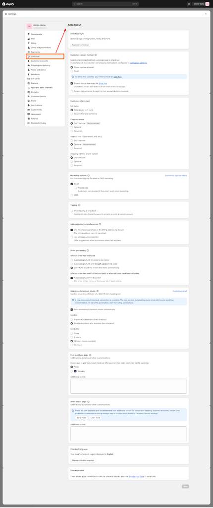 Screenshot of the Checkout Settings from the Shopify Admin