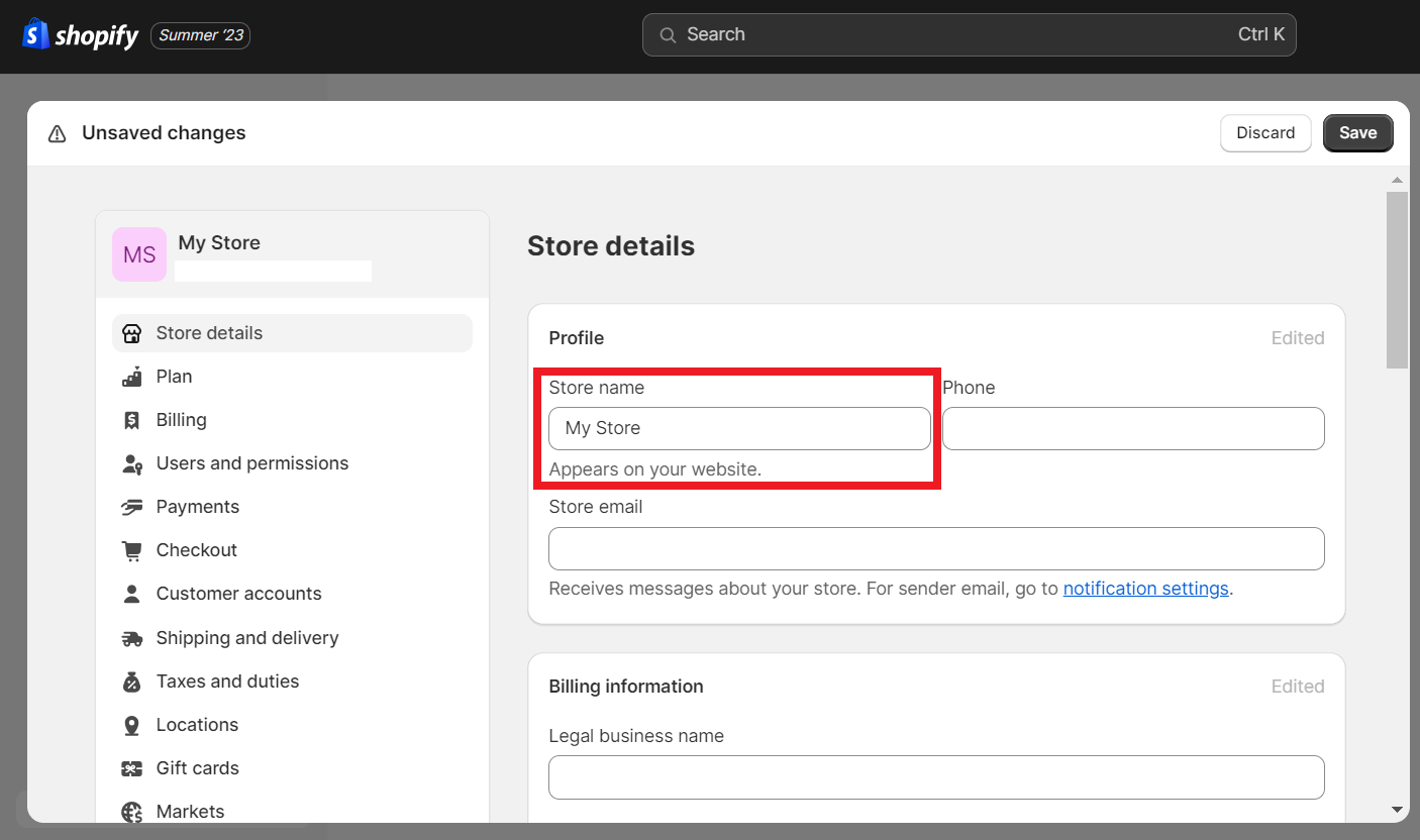 Screenshot of a Shopify store dashboard with the store name section highlighted