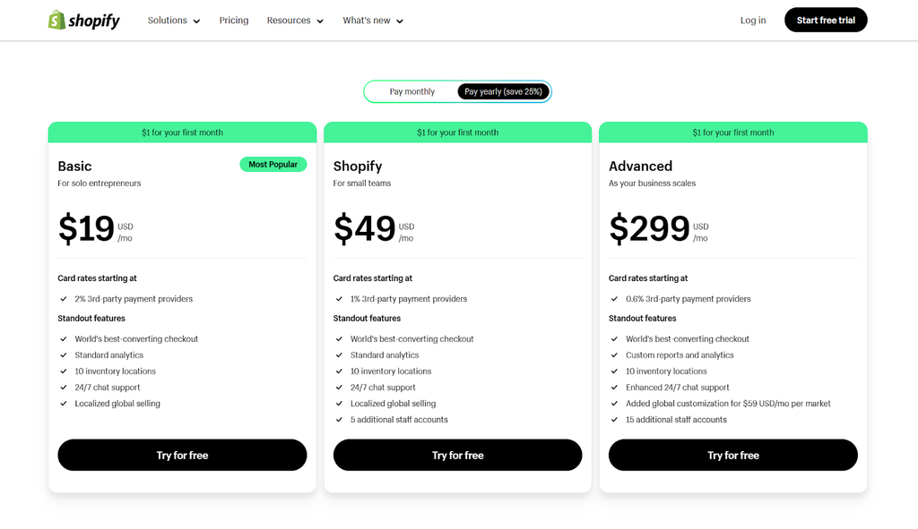 A screenshot of the Shopify plans