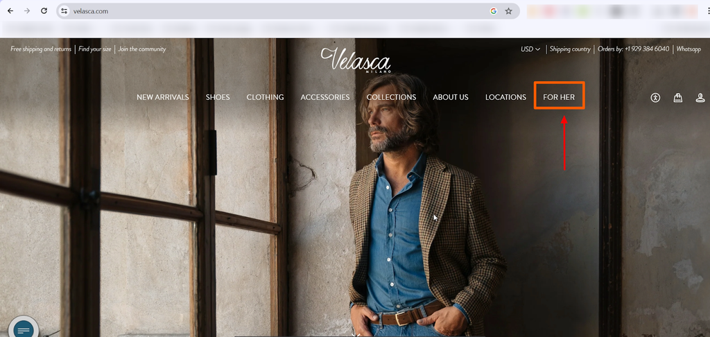 Velasca Womenにアクセスするには、「For Her」メニューをクリックしてください