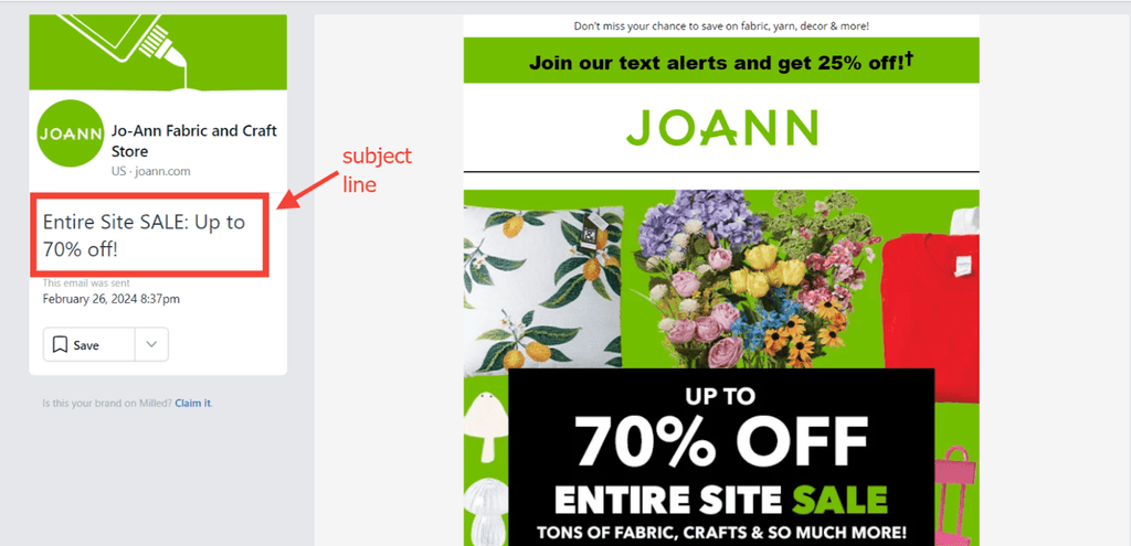 Jo-Ann’s site sale email with a clear subject line.