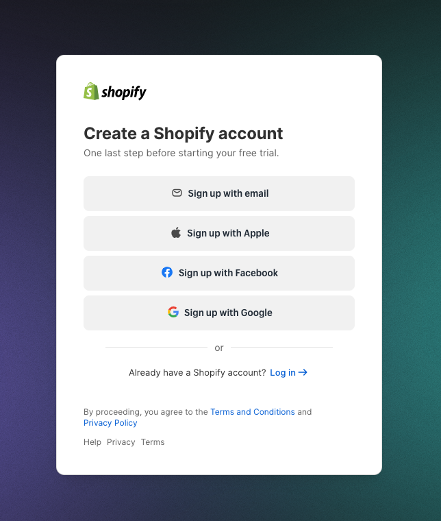 Create a Shopify account