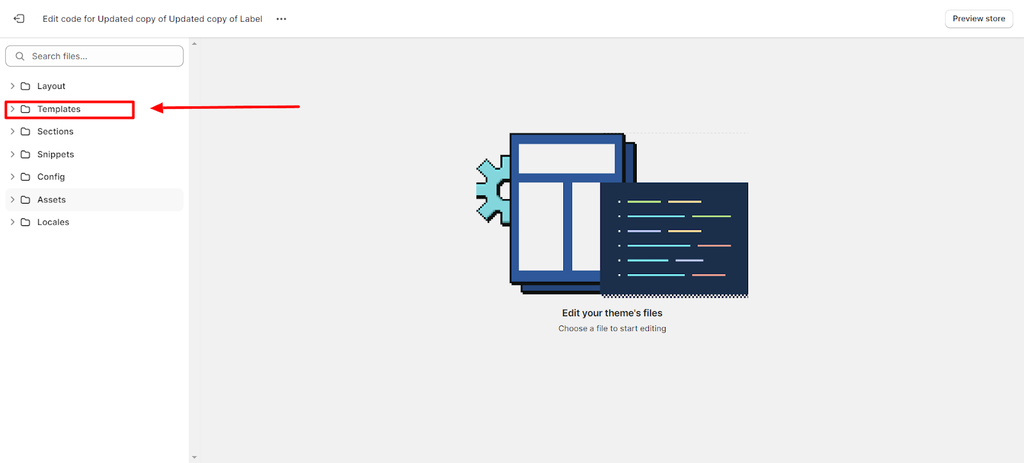 an arrow pointing to the template folder in the code editor