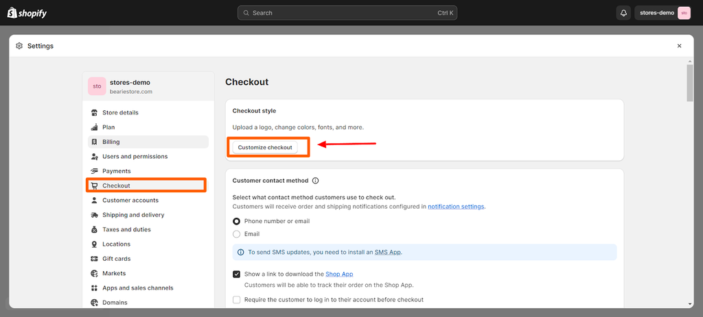 Click the customize checkout button to open the checkout customizer