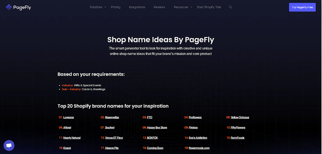 PageFly's shop name idea generator for gift shop names