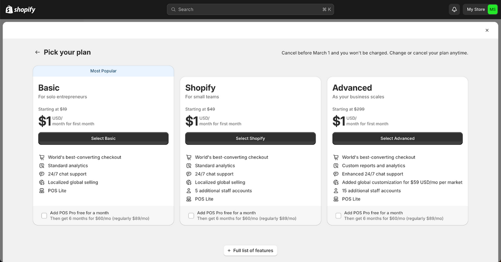 shopify pricing plan 1 dollar