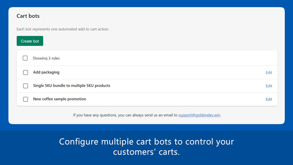 CartBot automatically add specific products or gifts to a customer's cart.