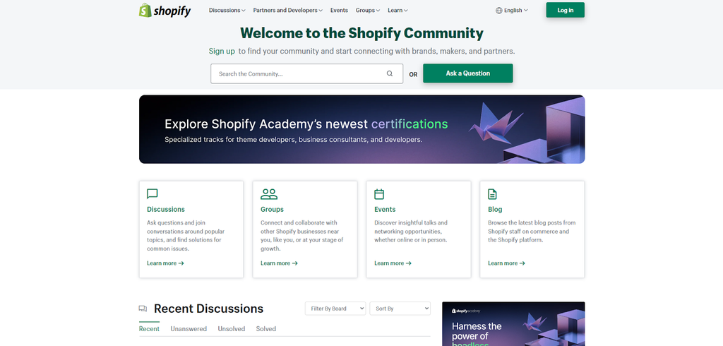 Homepage of Shopify Community