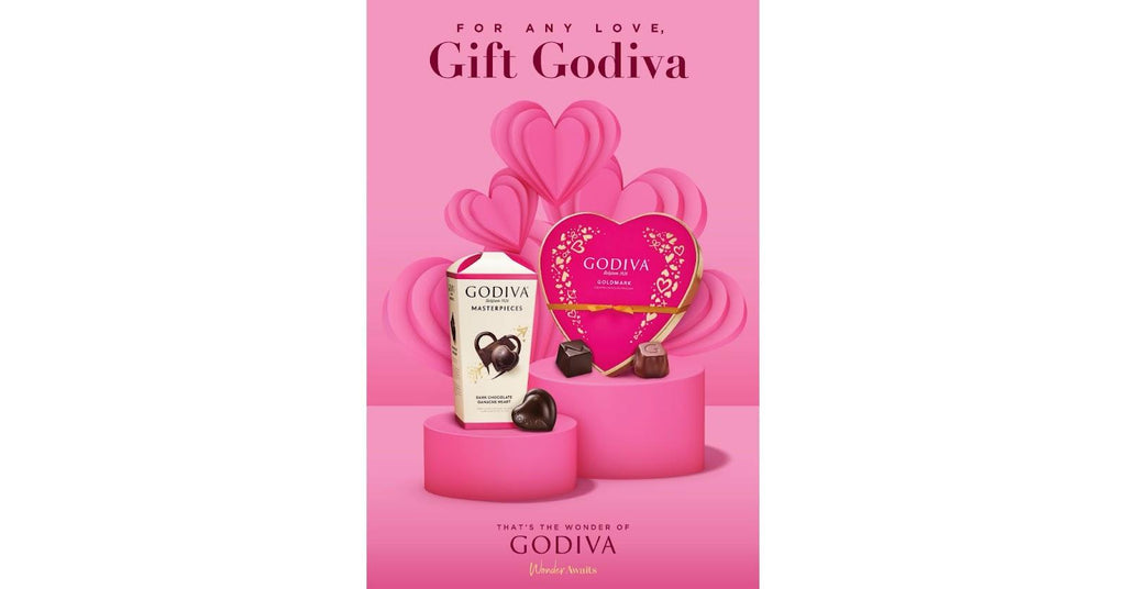 Godiva valentine gift banner with lots of pink hearts and 2 boxes of chocolate