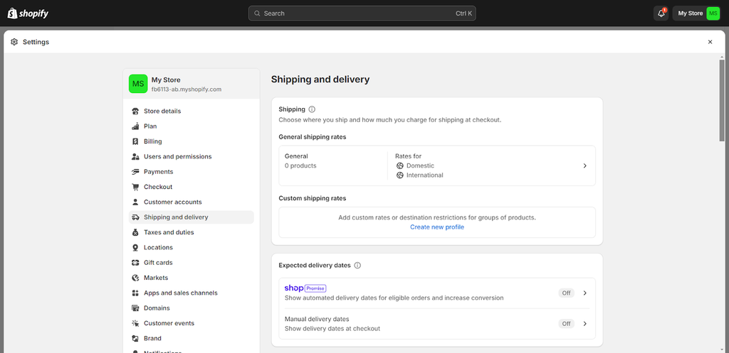 Shipping settings