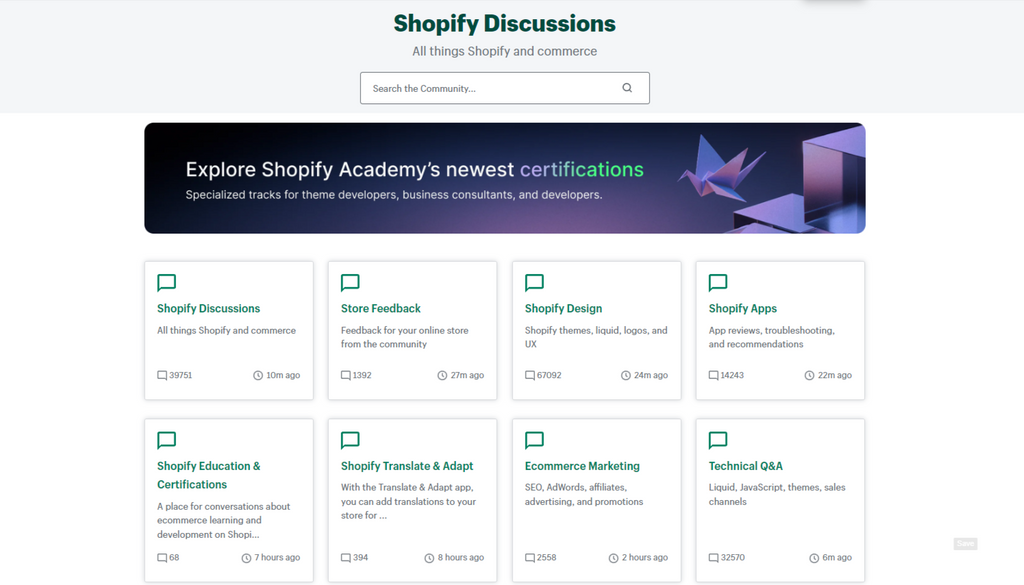 Homepage of Shopify Discussions