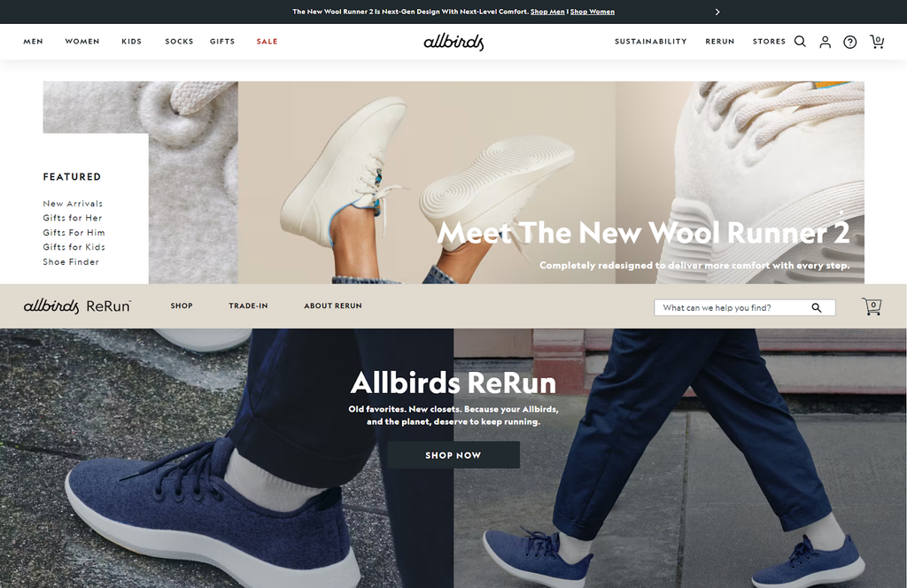 Shopify multiple websites: Allbirds and Allbirds ReRun's home pages combined in one photo
