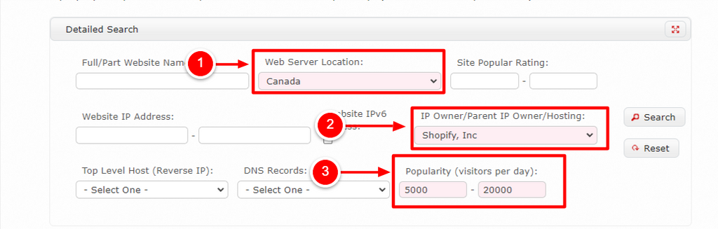 Fill out these three areas to find specific Shopify stores