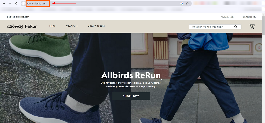 Shopify の複数のウェブサイトの例: Allbirds ReRun。また、少し使用感のある靴用の別のウェブサイトもあります。