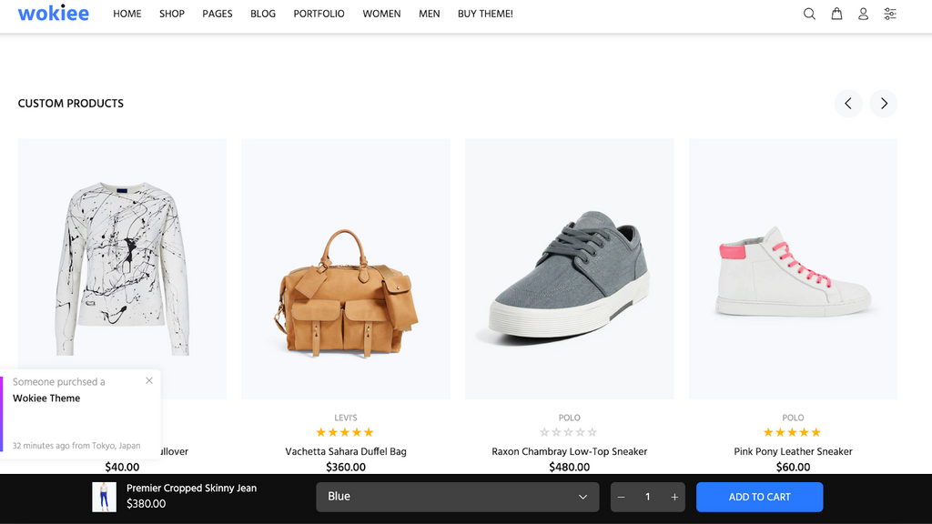 wokiee shopify theme add to cart bar feature