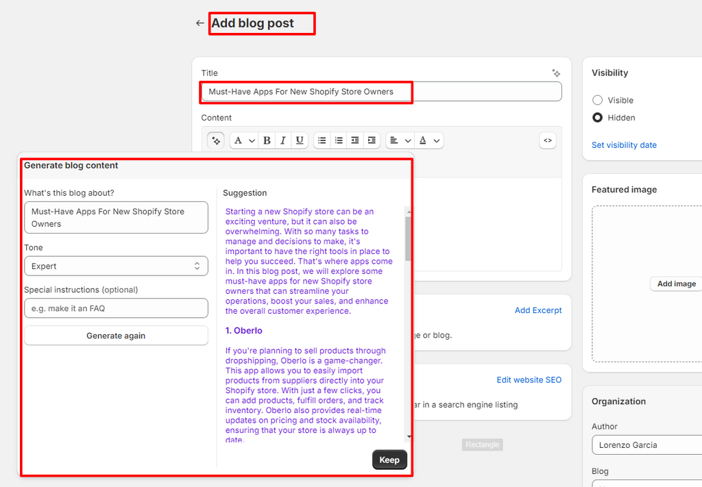 Write detailed blog posts using Shopify Magic