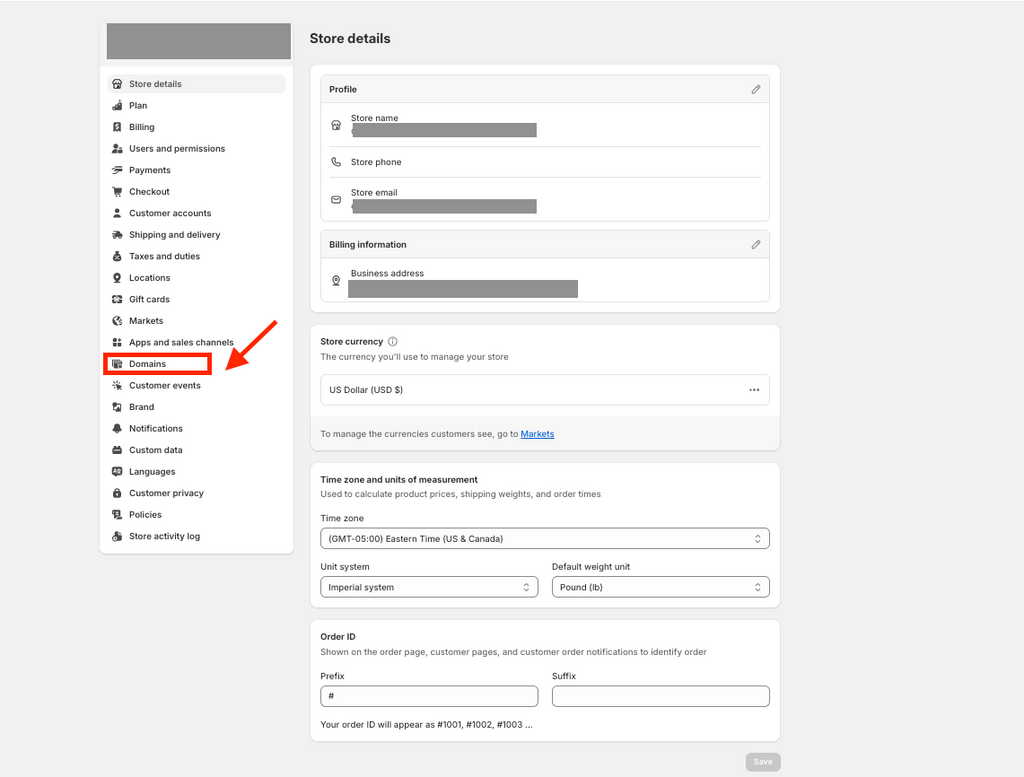 Go to Domains in Shopify settings.