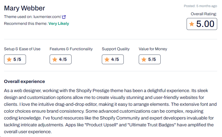 customer review Prestige theme