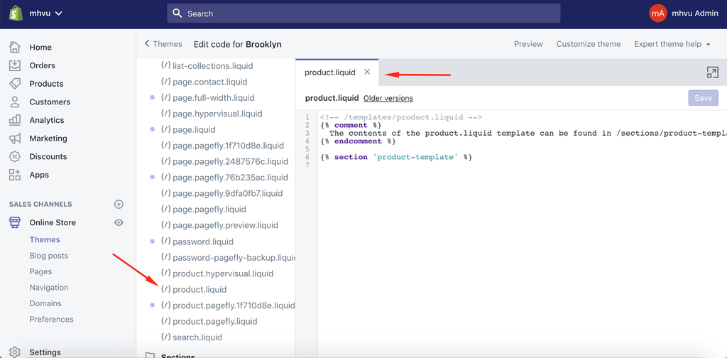 an arrow pointing the the liquid code of a product page