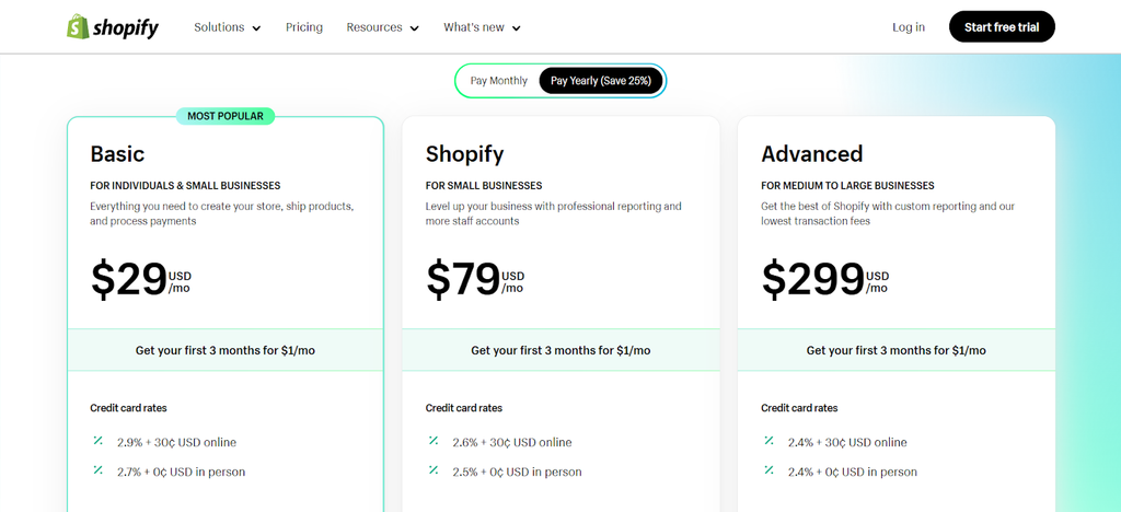 Yearly pricing for Shopify merchants in the US