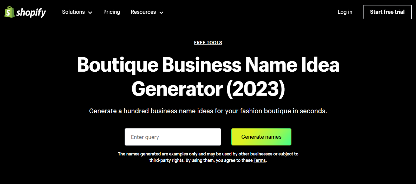 Screenshot of the landing page of Shopify’s Boutique Business Name Idea Generator